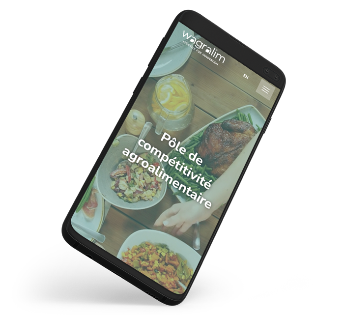 Mobile noir en suspension qui affiche le site web de Wagralim
