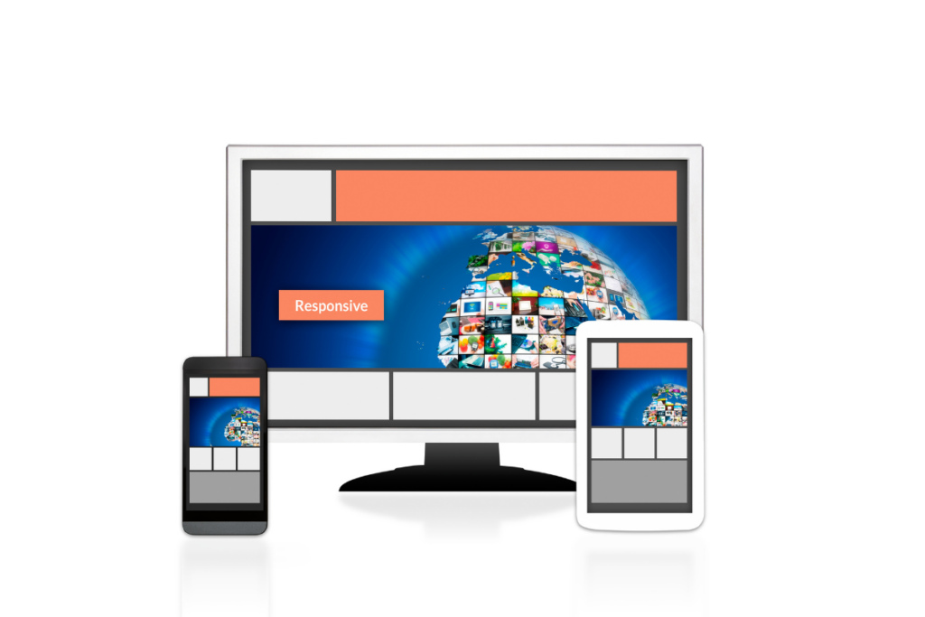 trois interfaces : mobile, tablette et ordinateur pour montrer le responsive design de la page d'accueil d'un site web