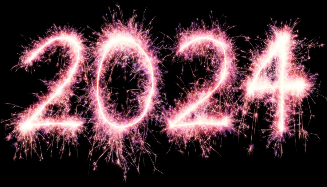 Année 2024 lumineux, style feu d'artifice, sur un fond noir