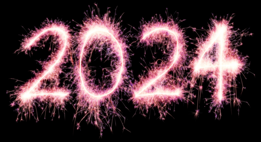 Année 2024 lumineux, style feu d'artifice, sur un fond noir