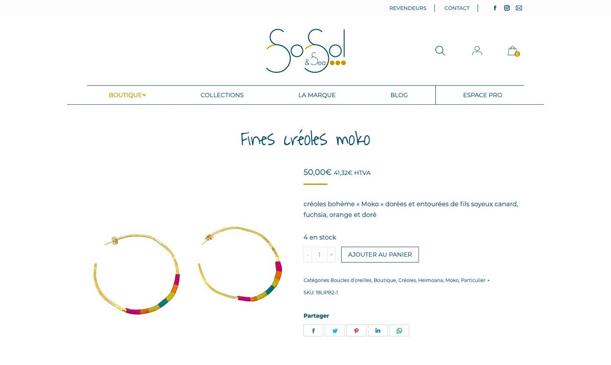 Page produit du site web de Sosol and sea