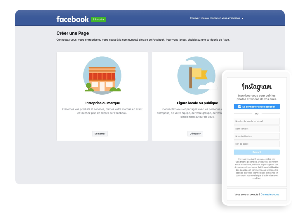 Ecran d'ordinateur ouvert sur Facebook pour créer sa Page Facebook pro et écran de mobile avec Instagram pour créer son compte