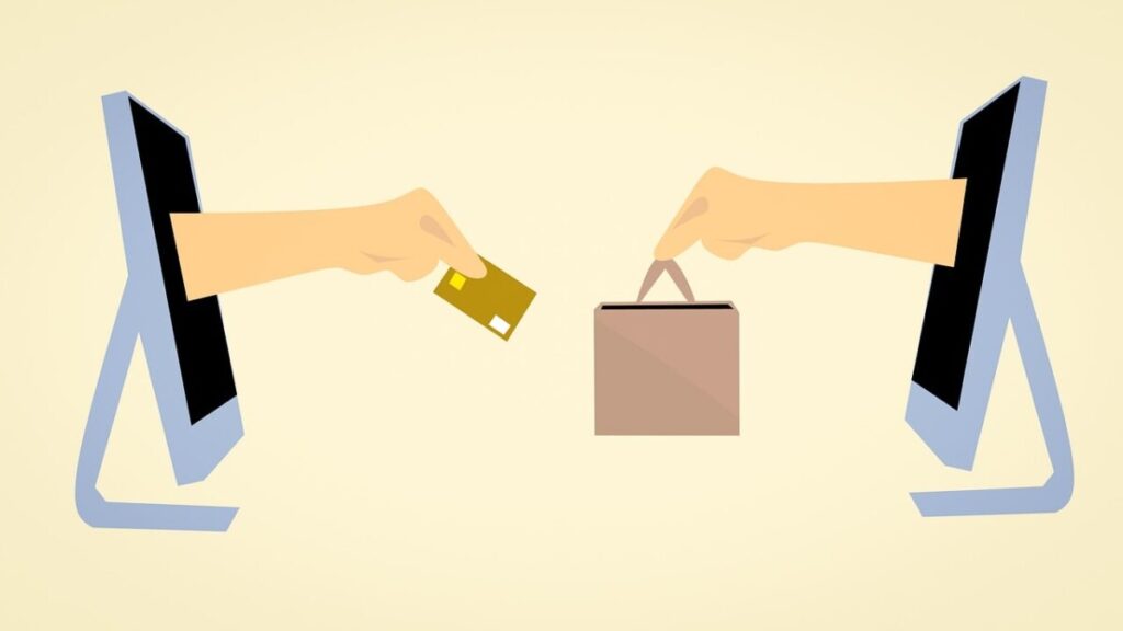 Main avec carte de crédit qui sort d'un écran d'ordinateur et main qui sort d'un écran d'ordinateur avec un sac de shopping