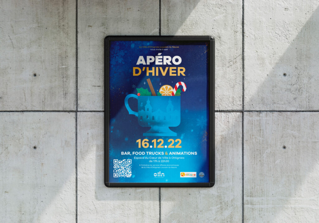 Campagne d'affichage réalisée par l'agence Hugggy à Noël 2022 pour la promotion des apéros d'Hiver de la ville d'Ottignies