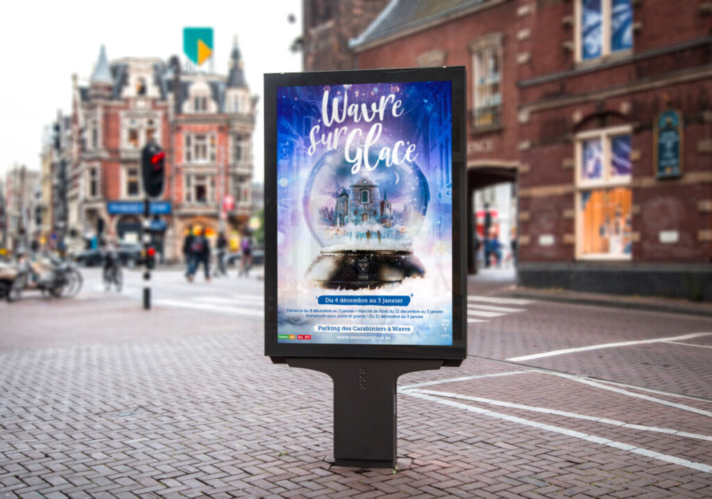 Campagne d'affichage réalisée par l'agence Hugggy à Noël 2022 pour la promotion de la patinoire de la ville de Wavre en Belgique