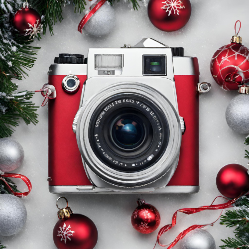 Appareil photo avec des boules de Noël rouges et argentées