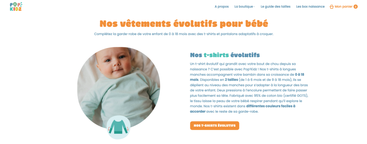 La page d'accueil du site web de Pop'Kidz sur un fond blanc avec une écriture orange