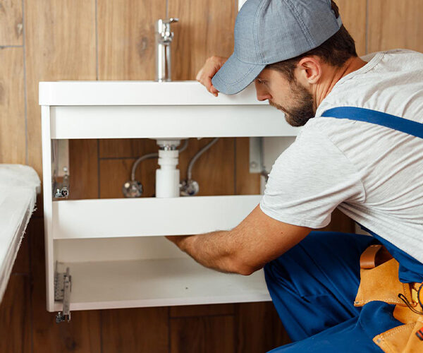 heatme-debouchage-sanitaire Un plombier qui débouche l'évier d'une habitation