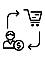 Un pictogramme qui représente la conversion avec un panier et un prospect qui devient un client
