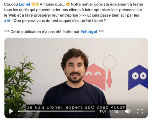 Screenshot d'un post LinkedIn de Poush avec un texte écrit et une vidéo montrant un homme et des sous-titres.