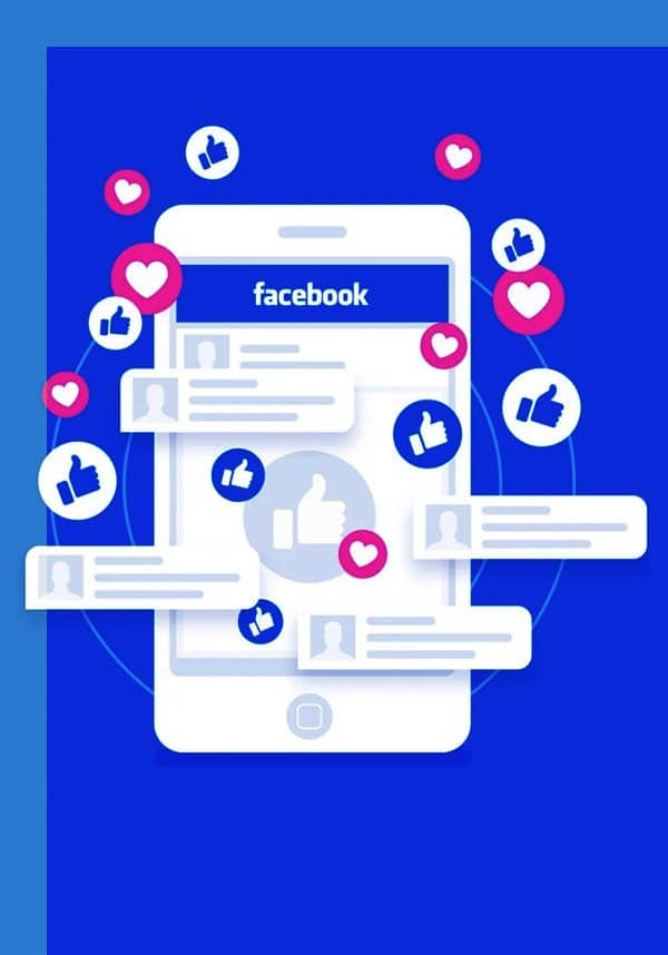 Téléphone ouvert sur l'application Facebook avec des icônes de likes qui sortent de l'écran