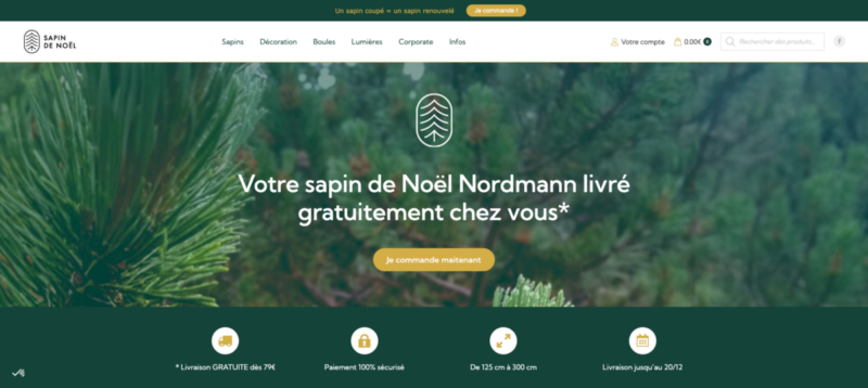 Page d'accueil de l'e-commerce du site Sapin Noël encourageant à acheter un sapin de Noël Nordmann.