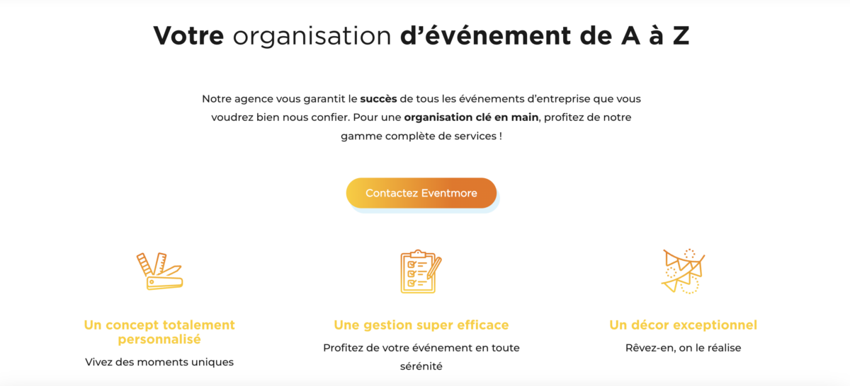 Une page du site web de Eventmore sur laquelle on voit un call-to-action pour la demande de devis et des types d'événements