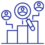 Icone d'un diagramme en bâtons avec des portrait et une loupe pour représenter l'analyse stratégique et concurrentielle