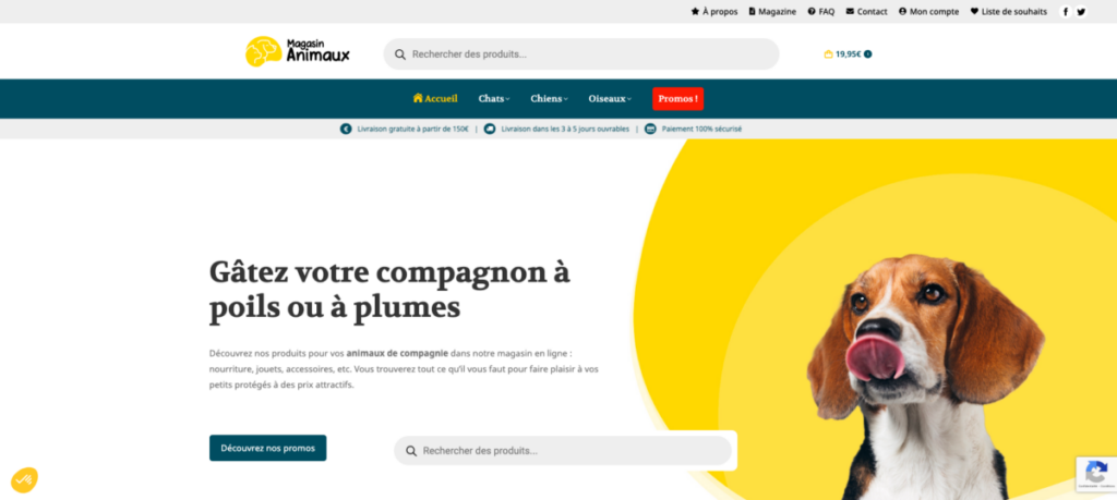 Page d'accueil du site de Magasin Animaux avec un beagle sur fond jaune.