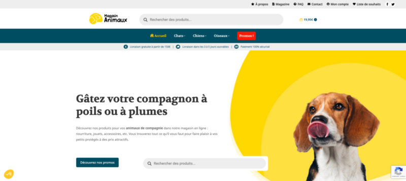 Page d'accueil du site de Magasin Animaux avec un beagle sur fond jaune.