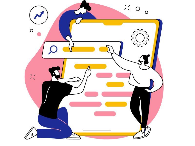 Illustration de 3 experts SEO utilisant des outils seo pour optimiser la page d'un site