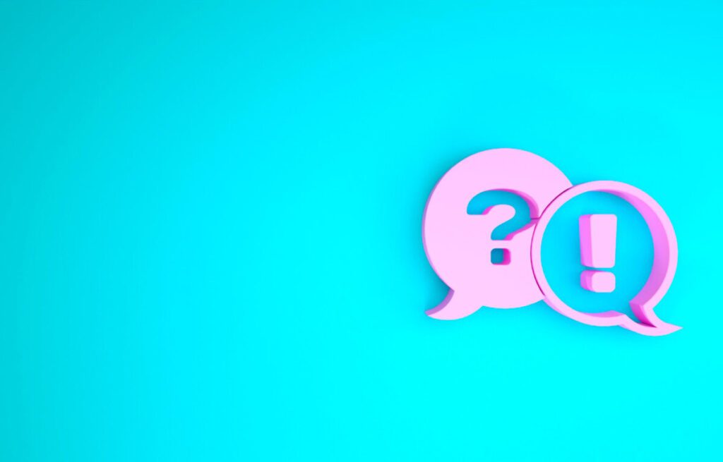 Un fond bleu avec une bulle mauve point d'interrogation et une bulle mauve point d'exclamation