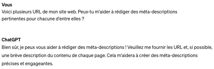 Conversation entre un utilisateur et ChatGPT où l'utilisateur demande à l'IA de rédiger des méta-descriptions pertinentes.