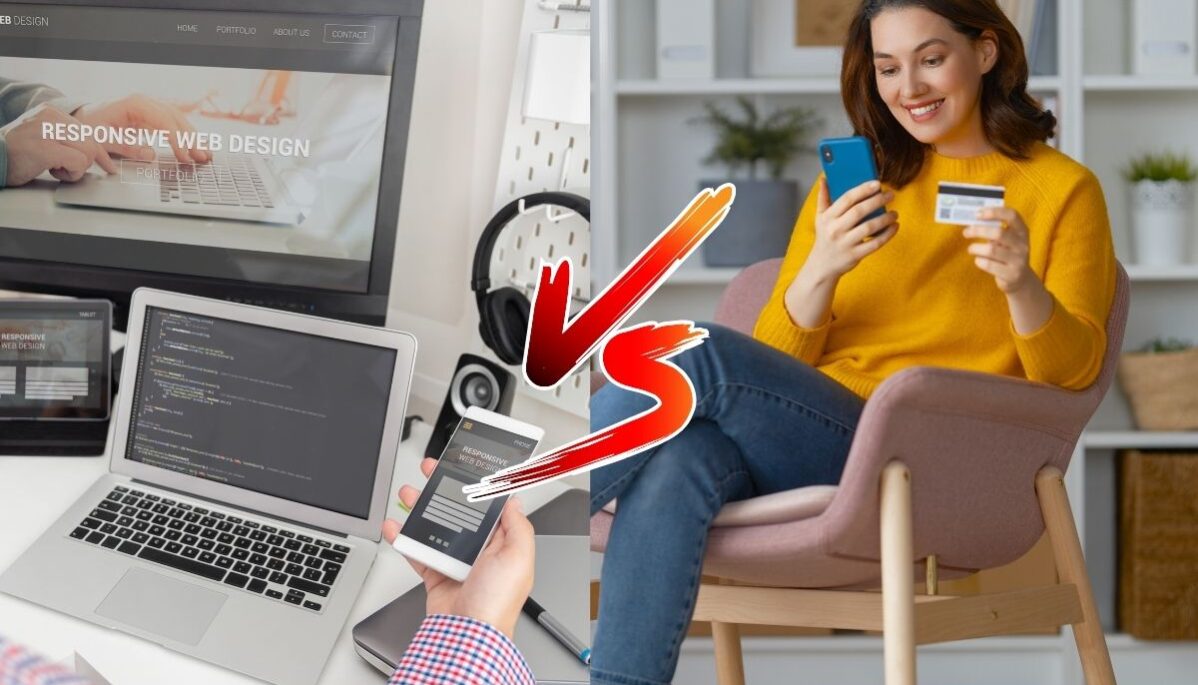 A gauche UI, conception d'interface, à droite une femme effectuant un achat en ligne sur son smartphone