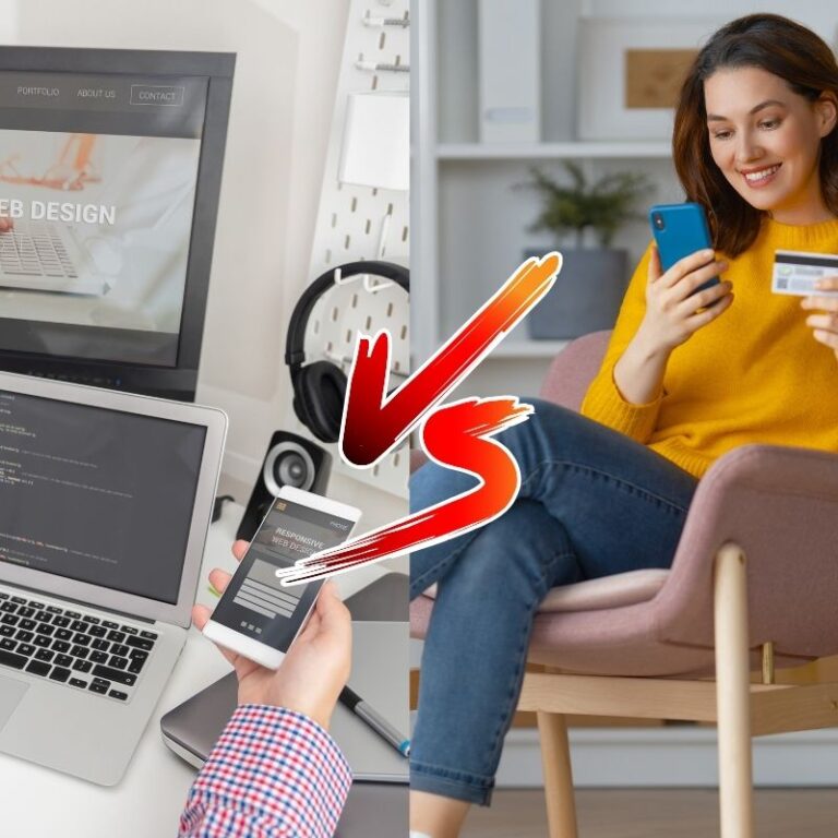 A gauche UI, conception d'interface, à droite une femme effectuant un achat en ligne sur son smartphone