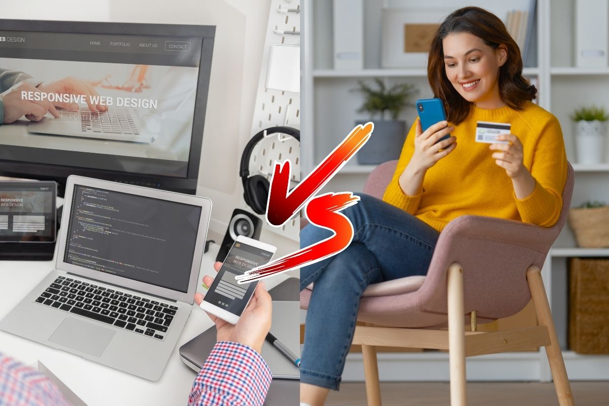A gauche UI, conception d'interface, à droite une femme effectuant un achat en ligne sur son smartphone