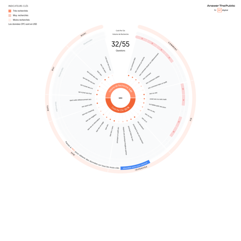Graphique montrant les résultats de l'outil Answer The Public pour le mot-clé "seo"